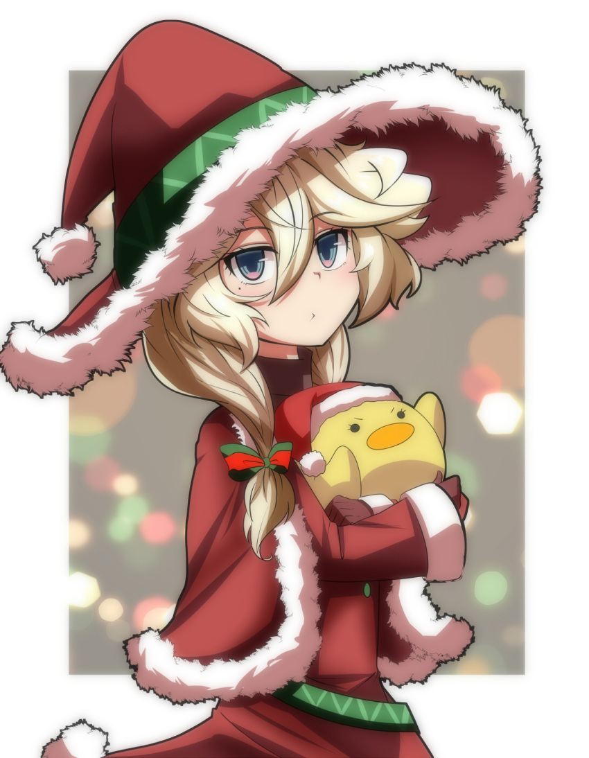 1girl animal belt bird blonde_hair blue_eyes blurry blurry_background brown_gloves carol_malus_dienheim christmas_tree dot_mouth dress duck eyebrows_hidden_by_hair flat_chest gloves hair_between_eyes hat highres holding holding_animal long_hair looking_at_viewer medium_hair nabeiro_kin santa_capelet santa_dress santa_hat senki_zesshou_symphogear solo_focus twintails upper_body