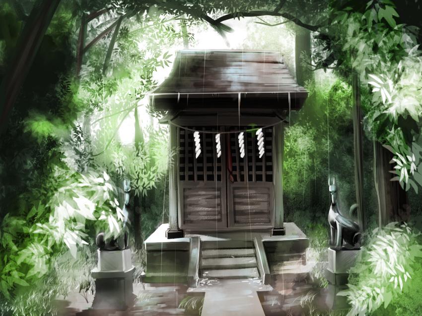 commentary_request day dog forest highres hokora_(shrine) kuro_kosyou nature no_humans original outdoors rain scenery shide sliding_doors stairs statue stone_stairs tree