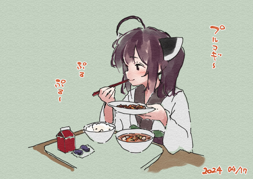 1girl ahoge blush bowl brown_eyes brown_hair chopsticks closed_mouth dated eating food food_request green_background headgear holding holding_chopsticks holding_plate japanese_clothes kimono lamb_(hitsujiniku) long_sleeves obi plate sash smile solo table touhoku_kiritan translation_request twintails upper_body voiceroid white_kimono wide_sleeves
