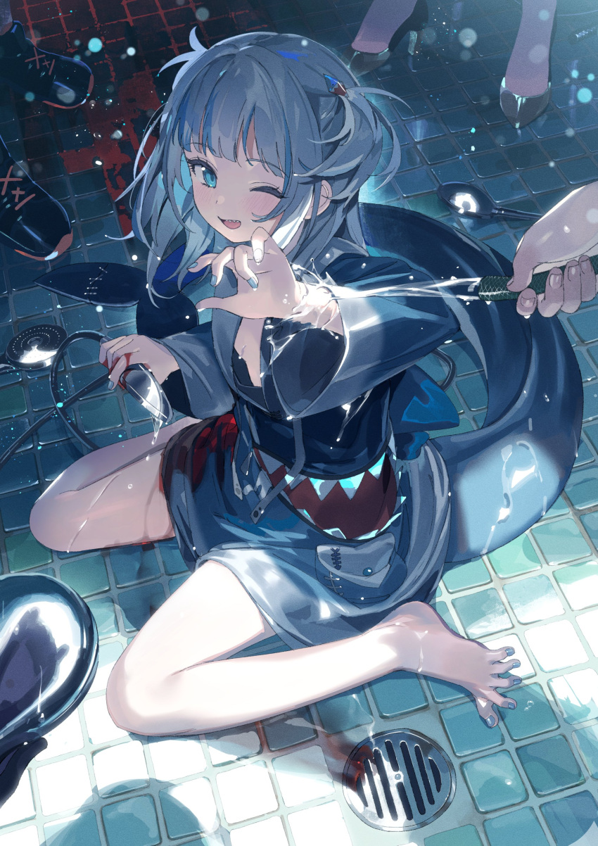 absurdres bare_legs barefoot blood blue_eyes blue_hair blue_hoodie blue_nails blunt_bangs breasts drain_(object) fins fish_tail gawr_gura gawr_gura_(1st_costume) high_heels highres holding holding_knife hololive hololive_english hood hoodie hose kaerunoko knife medium_hair multicolored_hair one_eye_closed shark_girl shark_tail sharp_teeth short_twintails sidelocks sitting small_breasts streaked_hair tail teeth tile_floor tiles twintails two-tone_hair virtual_youtuber wariza wet white_hair