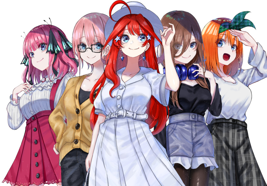 5girls :d ahoge ascot belt black-framed_eyewear black_pants black_pantyhose black_ribbon black_shirt blouse blue_eyes breasts brown_cardigan brown_hair butterfly_hair_ornament buttons cardigan collarbone commentary_request dangle_earrings denim denim_skirt earrings eyes_visible_through_hair glasses go-toubun_no_hanayome green_hairband grey_skirt hair_between_eyes hair_ornament hair_over_one_eye hair_ribbon hairband hand_on_headwear hand_on_own_hip hat headphones headphones_around_neck highres jewelry long_hair long_hair_between_eyes long_skirt long_sleeves medium_hair multiple_girls nakano_ichika nakano_itsuki nakano_miku nakano_nino nakano_yotsuba pants pantyhose pink_hair pink_skirt plaid plaid_skirt quintuplets r_(ryo) red_hair ribbon salute shirt shirt_tucked_in short_hair short_sleeves skirt smile star_(symbol) star_hair_ornament stud_earrings sun_hat suspender_skirt suspenders white_ascot white_background white_belt white_hat white_shirt white_skirt