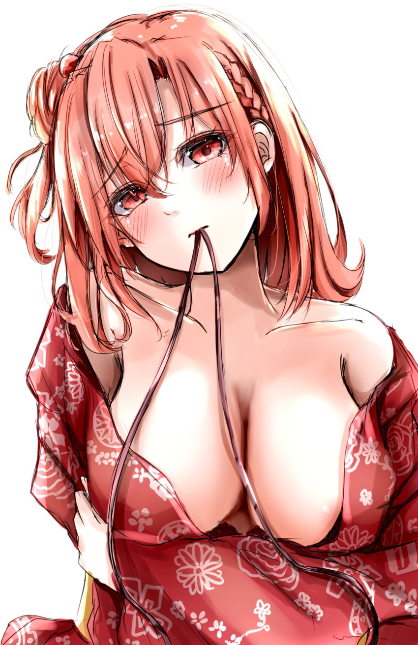 1girl areola_slip ayachanman bare_shoulders blush braid breasts closed_mouth collarbone hair_bun highres japanese_clothes kimono kimono_pull large_breasts looking_at_viewer medium_hair mouth_hold open_clothes open_kimono pink_hair red_eyes red_kimono ribbon ribbon_in_mouth side_braid simple_background single_hair_bun single_side_bun solo upper_body white_background yahari_ore_no_seishun_lovecome_wa_machigatteiru. yuigahama_yui yukata