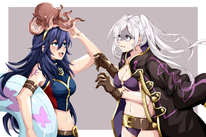 2girls absurdres bikini blue_bikini blue_eyes blue_hair blush brand_of_the_exalt breasts brown_eyes brown_gloves cleavage coat coat_on_shoulders fire_emblem fire_emblem_awakening fire_emblem_cipher fire_emblem_heroes gloves hair_between_eyes highres holding holding_swim_ring innertube long_hair lucina_(fire_emblem) mother_and_daughter multiple_girls navel octopus open_mouth purple_bikini robin_(female)_(fire_emblem) robin_(female)_(summer)_(fire_emblem) robin_(fire_emblem) second-party_source shaded_face swim_ring swimsuit symbol_in_eye teeth tiara twintails upper_body upper_teeth_only villager_c white_hair