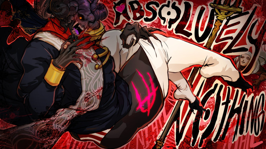 1boy bara barefoot black_eyes black_shirt demon_horns elden_ring english_text highres horns leggings male_focus mohg_lord_of_blood naughty_face nightmaresyrup orange_pupils panties red_scarf scarf sharp_toenails shirt staff striped_clothes striped_panties thick_thighs thigh_marking thigh_peek thighs toenails toes underwear white_leggings