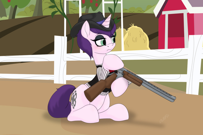 clothing equid equine farm female gun horn mammal miniferu mythological_creature mythological_equine mythology original_character ranged_weapon shotgun solo unicorn weapon