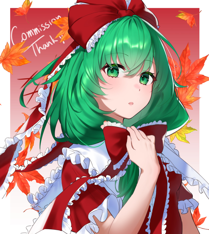 1girl absurdres bow commission frilled_bow frilled_ribbon frilled_sleeves frills front_ponytail green_eyes green_hair hair_bow hair_ribbon highres kagiyama_hina leaf looking_at_viewer maple_leaf ninjin_no_nankotsu open_mouth puffy_short_sleeves puffy_sleeves red_bow red_ribbon ribbon short_sleeves skeb_commission solo touhou upper_body