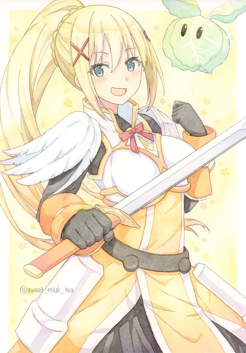 1girl armor blonde_hair border breastplate cabbage darkness_(konosuba) dress floating_hair gloves green_eyes grey_gloves hair_between_eyes hair_ornament highres holding holding_sword holding_weapon kono_subarashii_sekai_ni_shukufuku_wo! long_hair neck_ribbon open_mouth painting_(medium) red_ribbon ribbon solo standing sweet_miuk_tea sword traditional_media twitter_username very_long_hair watercolor_(medium) weapon white_border x_hair_ornament yellow_dress