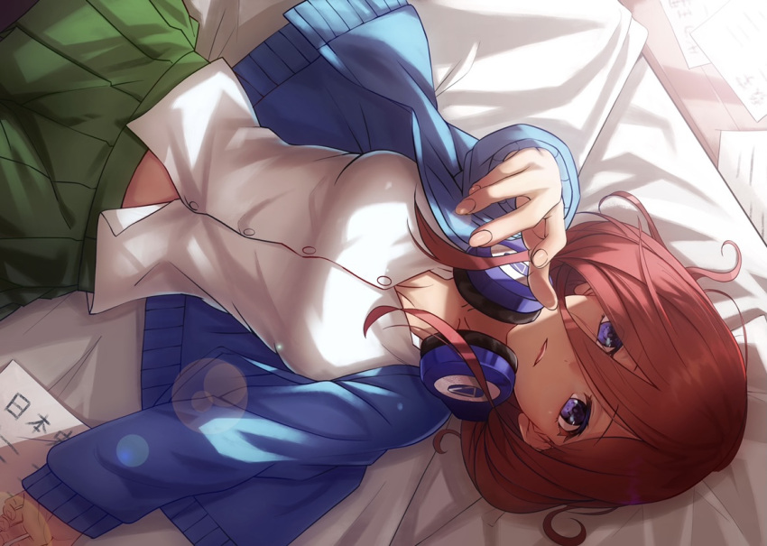 1girl blue_cardigan blue_eyes breasts brown_hair cardigan collared_shirt commentary_request go-toubun_no_hanayome green_skirt headphones headphones_around_neck large_breasts long_hair long_hair_between_eyes long_sleeves looking_at_viewer lying nakano_miku on_back on_bed open_cardigan open_clothes open_mouth pantyhose pleated_skirt reaching reaching_towards_viewer school_uniform shakkiyi shirt skirt solo white_shirt