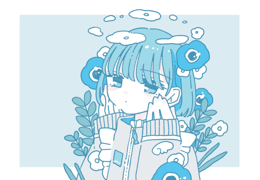 1girl anemone_(flower) apron blue_eyes blue_flower blue_hair bob_cut choppy_bangs closed_mouth dot_mouth flower grey_jacket halo hands_on_own_cheeks hands_on_own_face highres jacket jersey_maid jitome long_bangs long_sleeves looking_at_viewer maid original plant short_hair sleeve_cuffs sleeves_past_wrists solo sskitaco unconventional_maid white_apron