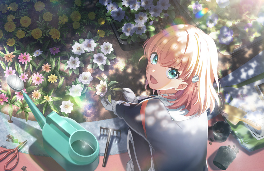 :d aqua_eyes black_jacket black_pants black_track_suit crossed_bangs dappled_sunlight dirty dirty_face flower flower_bed flower_pot from_above game_cg hair_ornament highres hinoshita_kaho holding holding_flower jacket lens_flare link!_like!_love_live! looking_at_viewer looking_back love_live! medium_hair official_art open_mouth orange_hair pants pink_flower planting purple_flower rabbit_hair_ornament rake scissors shadow shovel smile squatting sunlight teeth third-party_source track_jacket track_pants two_side_up upper_teeth_only virtual_youtuber watering_can white_flower white_footwear yellow_flower