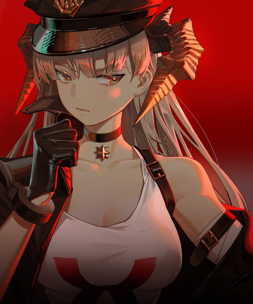 1girl absurdres arknights arm_strap black_choker black_gloves black_hat black_jacket breasts choker closed_mouth collarbone commentary_request dragon_horns duanlie_heng_xian gloves grey_hair hat highres horns jacket large_breasts long_hair looking_at_viewer official_alternate_costume orange_eyes peaked_cap police_hat red_background saria_(arknights) saria_(the_law)_(arknights) shirt single_bare_shoulder solo upper_body very_long_hair white_shirt