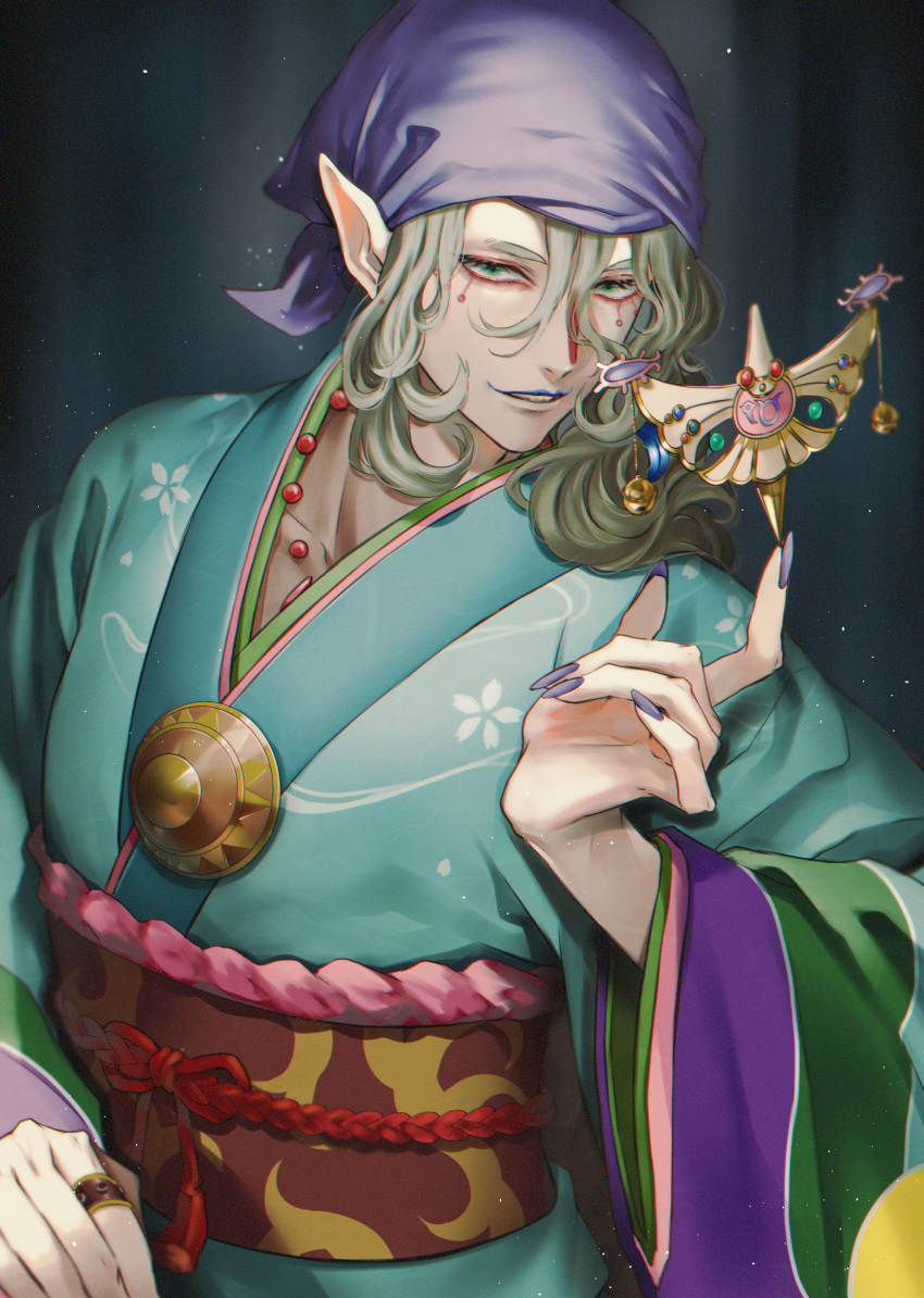 1boy absurdres aqua_kimono balancing_on_finger blonde_hair charm_(object) curly_hair facepaint facial_mark green_eyes grey_background hair_between_eyes hair_over_shoulder hair_tie head_scarf highres index_finger_raised japanese_clothes jewelry kimono kusuriuri_(mononoke) layered_clothes layered_kimono long_hair looking_at_viewer looking_to_the_side low_ponytail male_focus medallion mononoke nail_polish obi obiage obijime parted_lips pointy_ears purple_nails ring sakuramon sash scale_(mononoke) smile solo sugsusug sun_symbol upper_body wide_sleeves