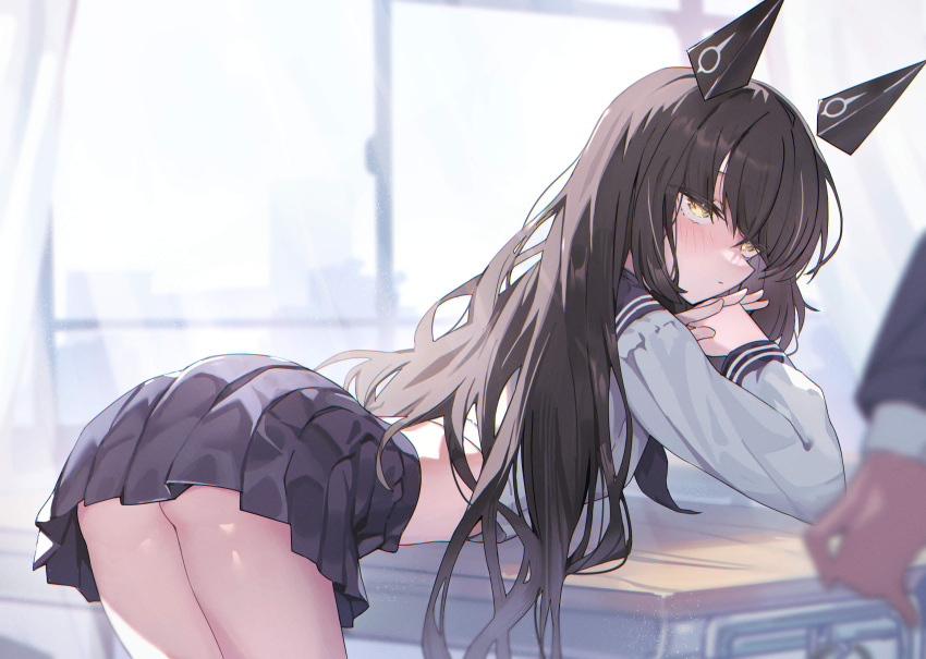 1girl ass bent_over black_hair blush girls'_frontline highres judge_(girls'_frontline) lemures long_hair own_hands_together pleated_skirt sangvis_ferri school_uniform skirt yellow_eyes