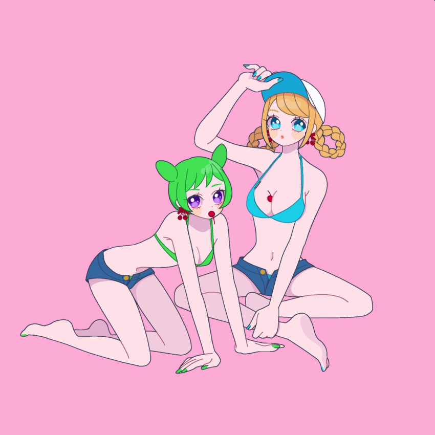 2girls arm_up barefoot baseball_cap between_breasts bikini blonde_hair blue_bikini blue_eyes blue_shorts braided_hair_rings breasts cleavage cone_hair_bun double_bun fukuhara_ann full_body green_bikini green_hair hair_bun hand_on_headwear hand_on_own_leg hat highres kneeling leaning_forward looking_at_viewer medium_breasts morizono_wakana mouth_hold multiple_girls navel nyaasechan pink_background pretty_rhythm pretty_rhythm_rainbow_live pretty_series purple_eyes short_hair shorts simple_background swimsuit