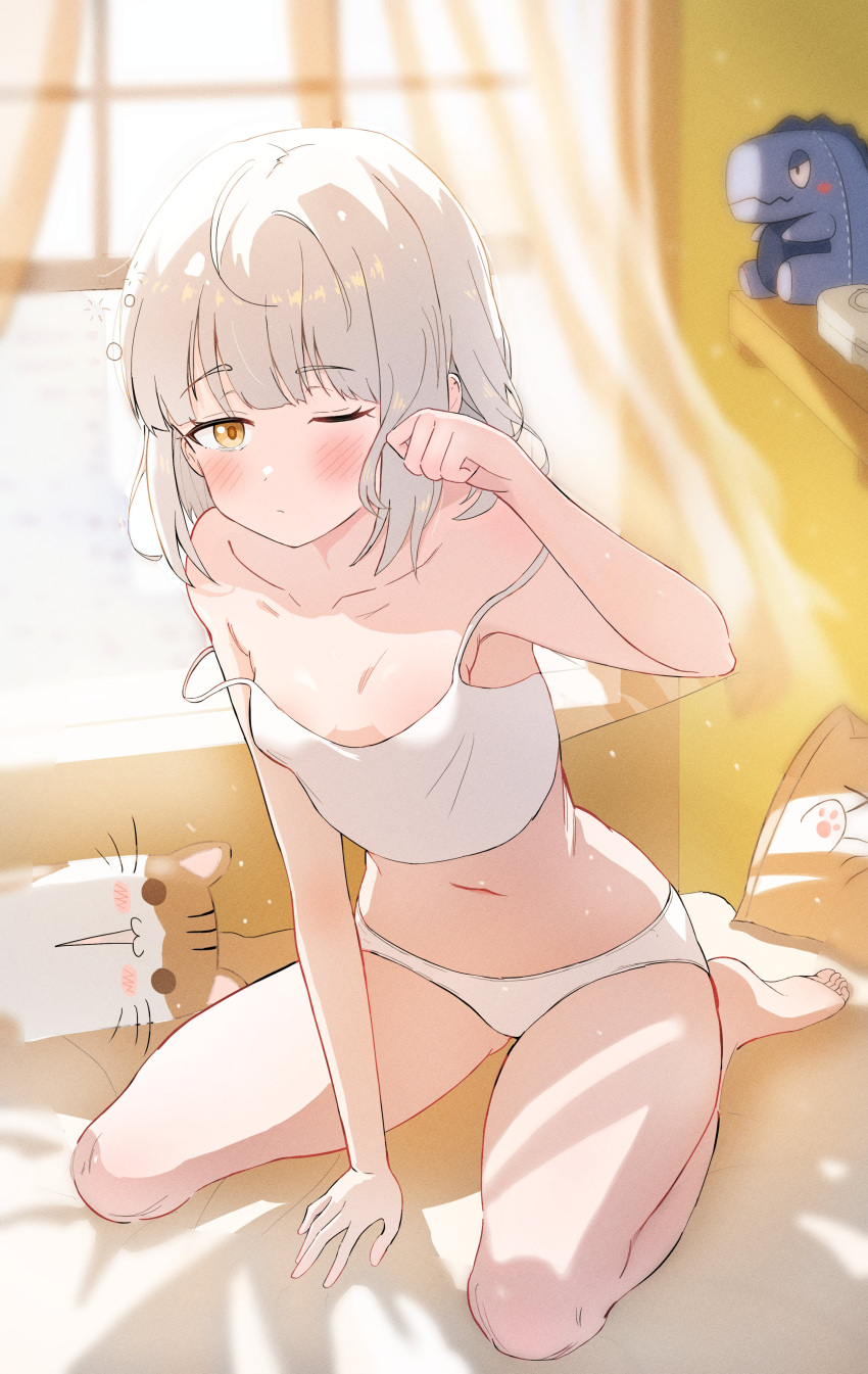 1girl absurdres arm_support bare_legs bare_shoulders barefoot blunt_bangs blush breasts camisole closed_mouth collarbone crop_top cushion highres mattayi2 medium_hair messy_hair midriff morning navel on_bed one_eye_closed original panties sitting small_breasts strap_slip stuffed_toy thighs underwear underwear_only waking_up wariza white_camisole white_hair white_panties window yellow_eyes