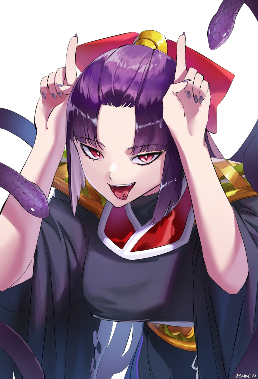 1girl artist_name fingernails highres horns_pose leaning_forward looking_at_viewer mato_seihei_no_slave purple_hair purple_nails red_eyes red_ribbon ribbon saikiseiya sharp_fingernails shikoku_(mato_seihei_no_slave) slit_pupils snake solo tongue tongue_out tongue_tattoo tsurime watermark