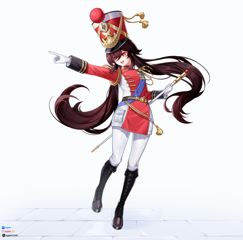 1girl :d absurdres alternate_costume belt black_footwear black_hair boots commentary egalo english_commentary full_body genshin_impact gloves hair_between_eyes hat highres holding holding_baton hu_tao_(genshin_impact) knee_boots long_hair long_sleeves looking_afar marching_band marching_band_baton military_uniform music pantyhose pointing red_eyes shako_cap sidelocks simple_background size_difference smile solo standing standing_on_one_leg symbol-shaped_pupils twintails uniform white_gloves white_pantyhose