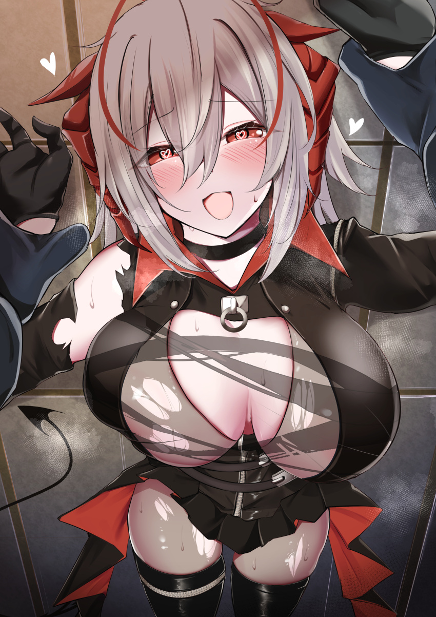 1boy 1girl absurdres antenna_hair arknights black_gloves black_pantyhose breasts come_hither demon_girl demon_horns demon_tail elbow_gloves gloves grey_hair heart heart-shaped_pupils highres horns kokihanada large_breasts looking_at_viewer official_alternate_costume pantyhose pov red_eyes red_nails short_hair smile solo symbol-shaped_pupils tail torn_clothes torn_pantyhose w_(arknights) w_(wanted)_(arknights)