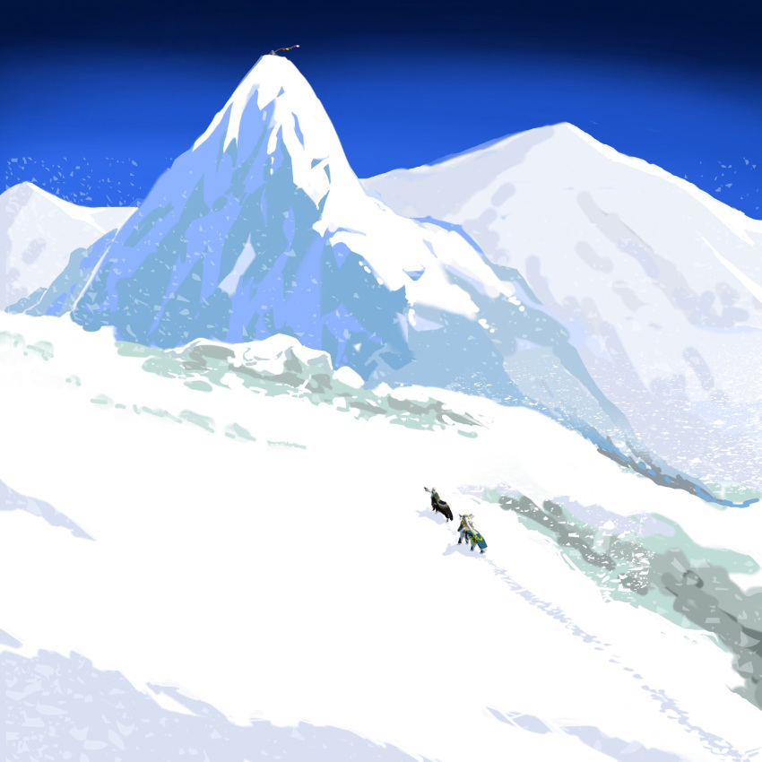 2boys blue_sky centauroid commentary_request cow_boy fle0423 full_body highres male_focus monster_boy mountain multiple_boys original outdoors pointing sky snow snowing taur very_wide_shot walking yak