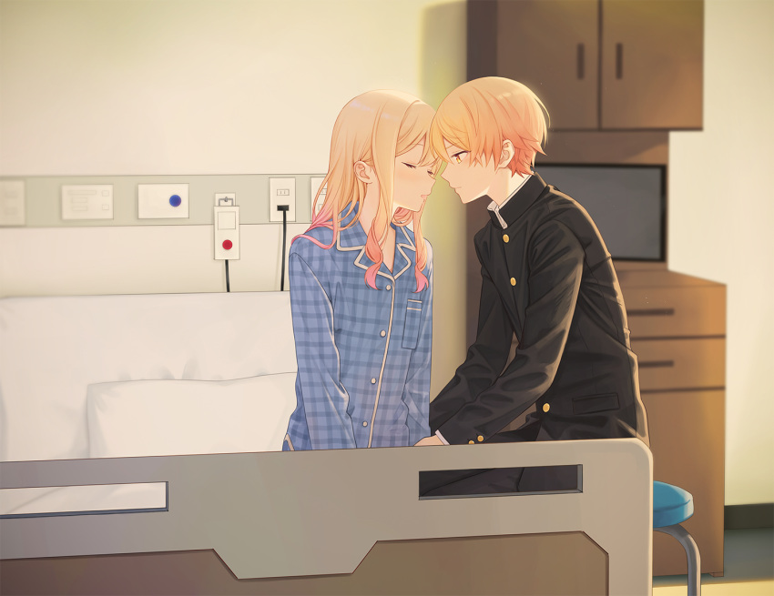 1boy 1girl 2_(tsvf3235) bed black_shirt blonde_hair blue_pajamas brother_and_sister chair closed_eyes closed_mouth hospital_bed incest long_hair multicolored_hair open_mouth pajamas pillow pink_hair project_sekai red_hair school_uniform shelf shirt short_hair siblings sitting tenma_saki tenma_tsukasa yellow_eyes