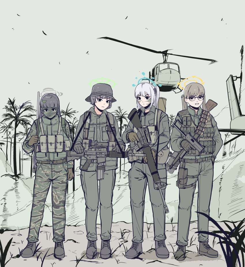 40mm_grenade 4girls aircraft assault_rifle bandolier blue_archive camouflage camouflage_pants facepaint glasses gloves gun halo helicopter highres holding holding_gun holding_weapon jungle looking_at_viewer m16 military_uniform miyako_(blue_archive) miyu_(blue_archive) moe_(blue_archive) multiple_girls nature pants parabellum rabbit_platoon_(blue_archive) rifle saki_(blue_archive) sniper_rifle submachine_gun trigger_discipline uh-1_iroquois uniform united_states_army vietnam_war weapon