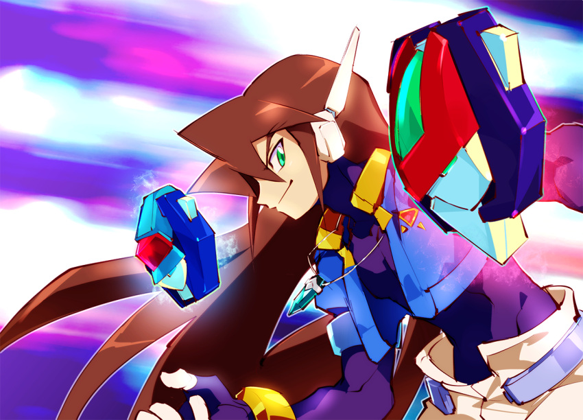 1boy amulet bad_id bad_twitter_id biometal blue_jacket bodysuit bracelet brown_hair gloves green_eyes jacket jewelry kon_(kin219) long_hair male_focus mega_man_(series) mega_man_zx mega_man_zx_advent model_x_(mega_man) model_z_(mega_man) necklace pants robot_ears shorts smile solo spandex vent_(mega_man) white_pants