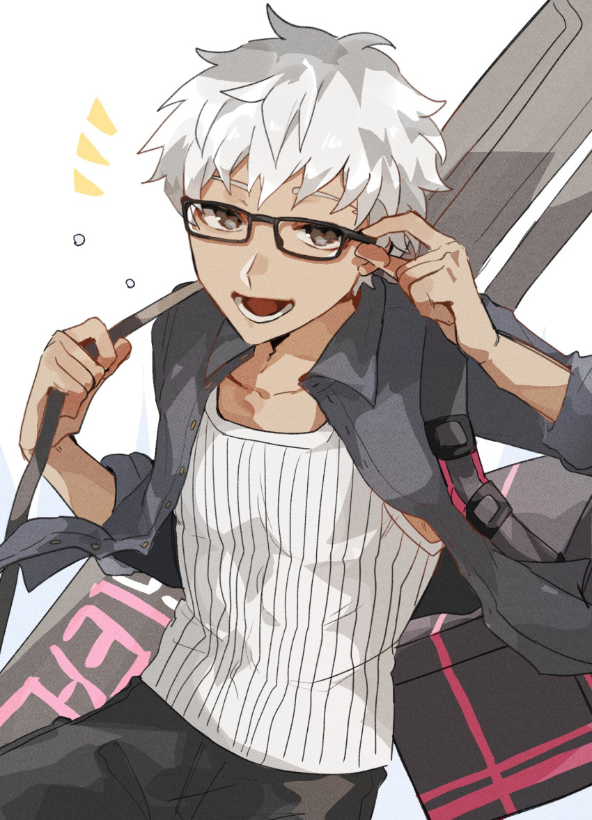 1boy archer_(fate) archer_(summer_casual)_(fate) brown_eyes covered_abs dark-skinned_male dark_skin fate/grand_order fate_(series) glasses highres jacket looking_at_viewer male_focus muscular muscular_male official_alternate_costume open_clothes pants shirt short_hair smile solo syusyaku tank_top toned toned_male white_hair white_tank_top