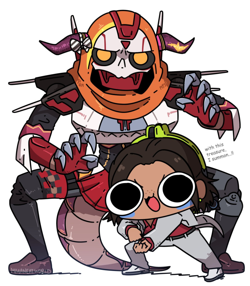 1boy 1girl apex_legends artist_name belt black_belt black_eyes black_sclera bow brown_footwear brown_hair cartoonized clenched_hands colored_sclera conduit_(apex_legends) confused cosplay dark-skinned_female dark_skin dragon_tail english_commentary english_text grey_footwear grey_jacket grey_pants highres hololive horn_bow horn_ornament horns jacket kiryu_coco kiryu_coco_(1st_costume) kiryu_coco_(cosplay) kiryu_kazuma kiryu_kazuma_(cosplay) looking_at_viewer miyan_(oceanmaiden) orange_eyes pants red_shirt red_skirt revenant_(apex_legends) ryuu_ga_gotoku_(series) shirt skirt smile striped_bow tail toon_(style) white_background