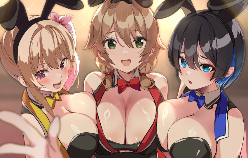 3girls animal_ears black_hair blonde_hair blue_eyes blush bow bowtie braid breast_press breasts brown_hair bunny_garden buttons cleavage double-breasted fake_animal_ears flower gradient_hair green_eyes hair_flower hair_ornament highres huge_breasts kana_(bunny_garden) large_breasts looking_at_viewer miuka_(bunny_garden) multicolored_hair multiple_girls necktie open_mouth pink_eyes rabbit_ears rin_(bunny_garden) short_hair side_ponytail skirt twin_braids two-tone_hair vest yamacchi yellow_bow yellow_bowtie yellow_skirt