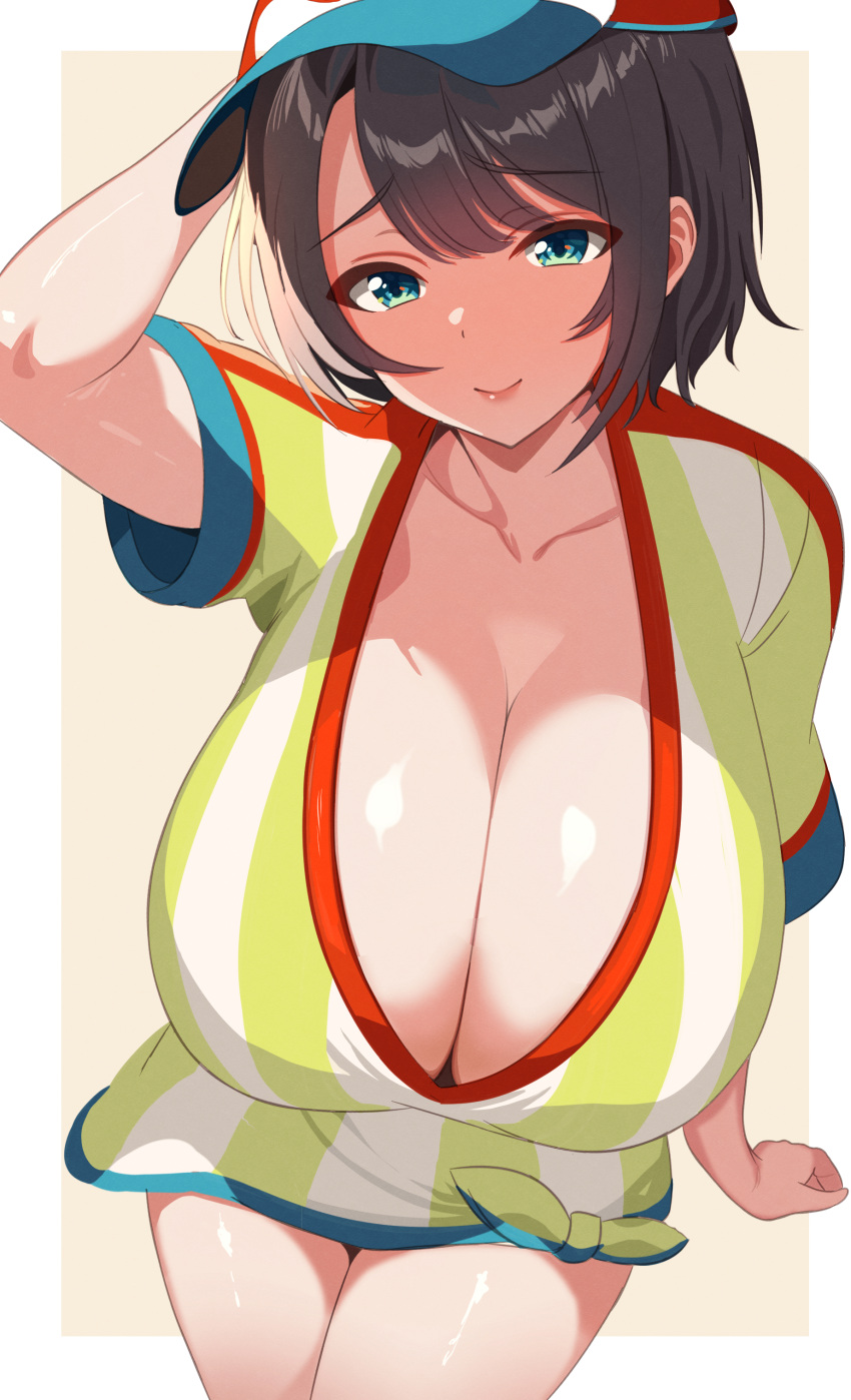 1girl absurdres alternate_breast_size blue_eyes breasts brown_hair cleavage collarbone hair_between_eyes hand_on_another's_head hat highres hololive large_breasts looking_at_viewer multicolored_shirt ni_tamago_sando oozora_subaru shirt short_hair short_sleeves simple_background solo thighs two-tone_background virtual_youtuber