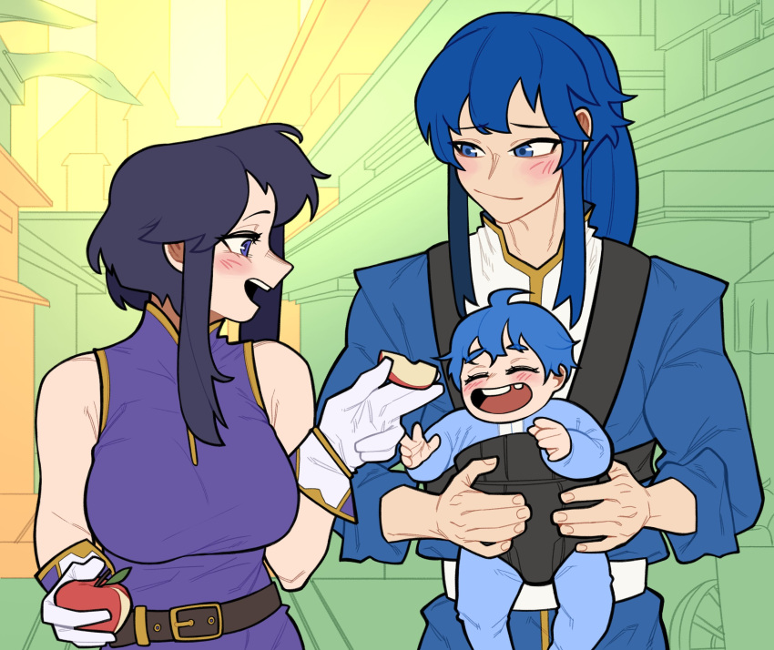 1boy 2girls apple apple_slice baby baby_carrier black_hair blue_hair carrying commission commissioner_upload father_and_daughter fire_emblem fire_emblem:_genealogy_of_the_holy_war food fruit highres holding holding_baby holding_food holding_fruit if_they_mated larcei_(fire_emblem) loopvoid missing_tooth mother_and_daughter multiple_girls onesie open_mouth ponytail purple_tunic red_apple seliph_(fire_emblem) sidelocks smile town tunic