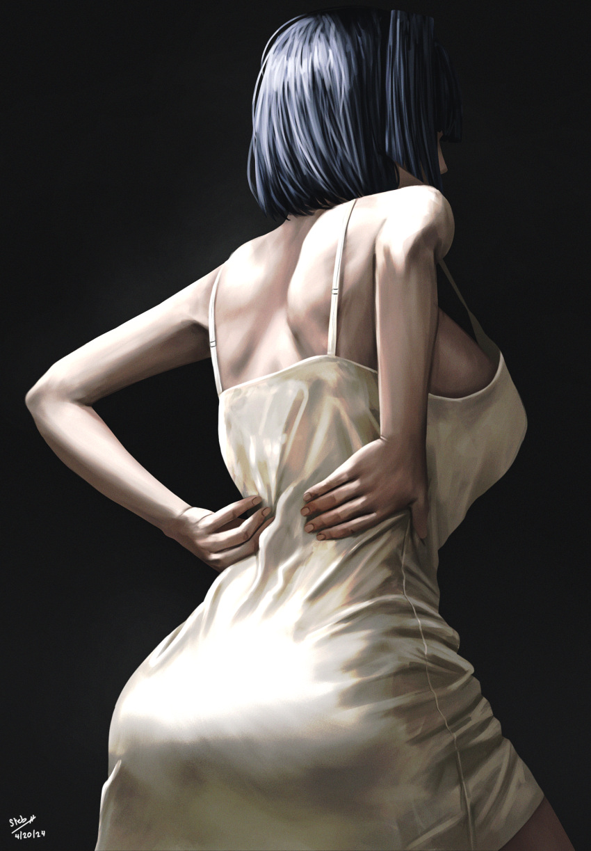 1girl alternate_costume ass back back_muscles black_background black_hair blue_hair breasts contrapposto cropped_legs dated foreshortening hands_on_own_back highres holocouncil hololive hololive_english large_breasts nightgown ouro_kronii sideboob signature steb virtual_youtuber white_nightgown