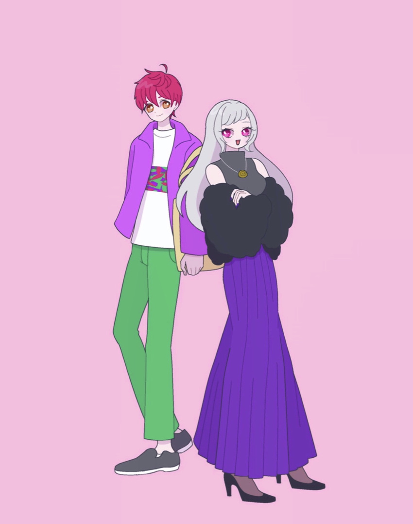 1boy 1girl :d amou_june black_footwear brown_eyes closed_mouth full_body green_pants high_heels highres ikebukuro_ace jacket jewelry king_of_prism long_hair long_skirt long_sleeves looking_at_viewer necklace nyaasechan open_mouth pants pink_background pleated_skirt pretty_rhythm pretty_series purple_jacket purple_skirt red_hair shirt shoes short_hair simple_background skirt smile standing white_shirt