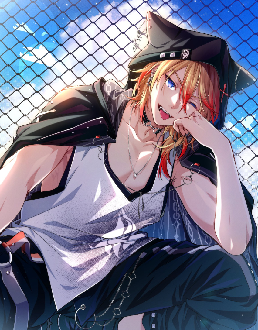 axel_syrios axel_syrios_(2nd_costume) blonde_hair blue_eyes blue_sky chain chain-link_fence cloud collarbone commentary ear_piercing earrings fence hair_between_eyes half-closed_eye highres holostars holostars_english hood hood_up jacket jacket_on_shoulders jewelry light_particles long_hair looking_at_viewer male_focus multicolored_hair multiple_earrings opal_(opalkuji) open_clothes open_jacket open_mouth piercing red_hair sky smile solo squatting streaked_hair symbol-only_commentary tank_top teeth thigh_strap tongue tongue_out two-tone_hair virtual_youtuber white_tank_top