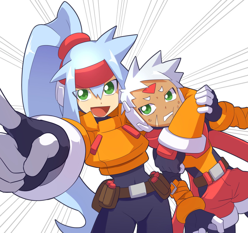 1boy 1girl android ashe_(mega_man) belt black_bodysuit blue_hair bodysuit bodysuit_under_clothes covered_navel cowboy_shot cropped_jacket dark-skinned_male dark_skin facial_mark forehead_mark green_eyes grey_(mega_man) hair_between_eyes headband high_ponytail highres jacket light_blue_hair long_hair mega_man_(series) mega_man_zx mega_man_zx_advent no_pants omeehayo orange_jacket pointing pointing_forward red_headband red_shorts robot_ears scar scar_on_face shorts simple_background sweat white_background white_hair