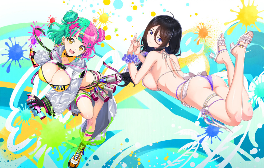 2girls :3 ahoge apron bikini black_hair blush bob_cut breasts can cleavage closed_mouth cropped_jacket dangle_earrings diagonal_bangs dolphin_wave double_bun earrings flower_ornament green_hair hair_bun hair_ornament hair_ribbon hairclip heart heart_hair_ornament helly_lewis high_heels highres jewelry large_breasts long_hair looking_at_viewer looking_back lying multicolored_background multicolored_hair multiple_girls non-web_source official_art on_stomach ootomo_takuji open_mouth paint_in_hair pink_hair purple_bikini purple_eyes ribbon ring scrunchie shoes sideboob smile sneakers split-color_hair spray_paint suminoe_shion swimsuit thigh_strap two-tone_hair wedding_ring white_apron white_bikini wig wrist_scrunchie yellow_bikini yellow_eyes