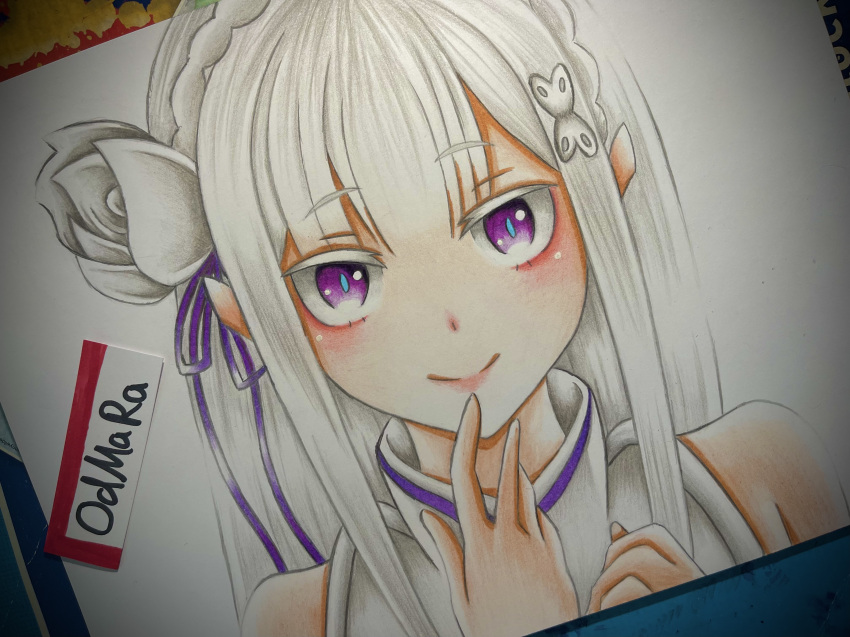 1girl absurdres artist_name bare_shoulders blush braid colored_pencil_(medium) crown_braid elf emilia_(re:zero) flower grey_hair hair_flower hair_ornament hair_ribbon highres long_hair looking_at_viewer odmara photoshop_(medium) pointy_ears purple_eyes purple_ribbon re:zero_kara_hajimeru_isekai_seikatsu ribbon rose smile solo traditional_media upper_body white_flower white_hair white_rose x_hair_ornament