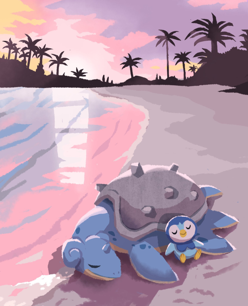 closed_eyes closed_mouth commentary_request highres lapras lying no_humans on_stomach outdoors palm_tree piplup pokemon pokemon_(creature) revision sand shore silhouette sky sleeping smile tomozo_(muginosukejr) tree water