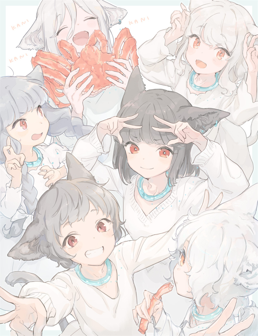 6+girls animal_ear_fluff animal_ears bent_v braid brown_eyes cat_ears cat_girl cat_tail colored_eyelashes commentary_request crab fangs grey_hair grin hair_over_one_eye hands_up highres kinutani_yutaka long_hair long_sleeves looking_at_another looking_at_viewer medium_hair multiple_girls orange_eyes original outstretched_arms red_eyes shirt short_hair simple_background smile sweater tail twin_braids v white_background white_hair white_shirt white_sweater