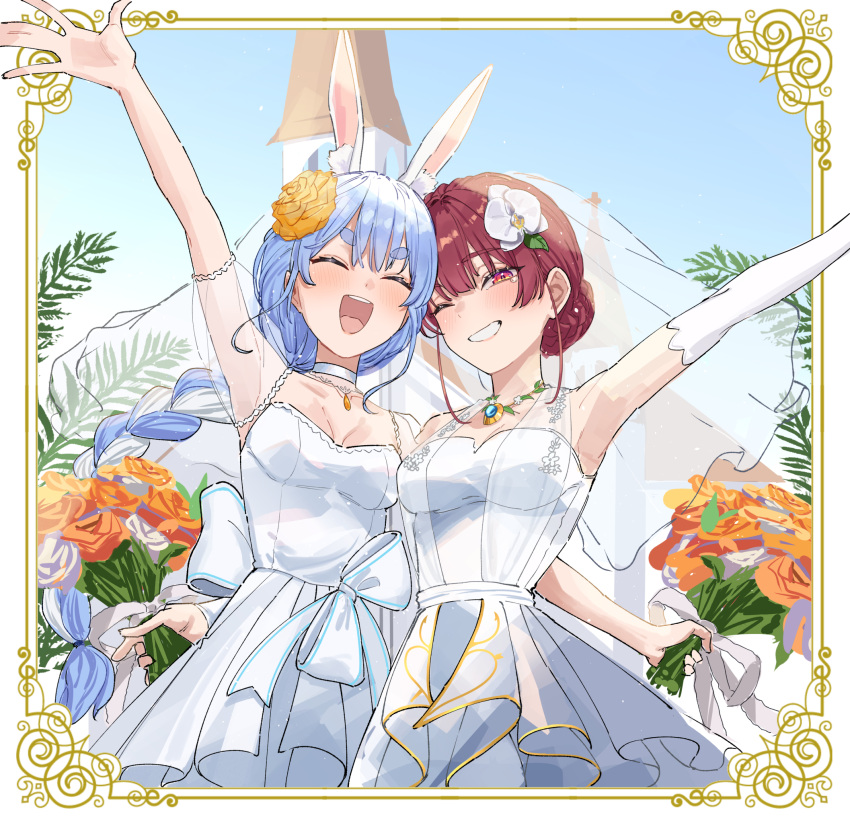 2girls animal_ear_fluff animal_ears blue_hair blush bouquet braid braided_ponytail breasts bridal_veil bride dress flower heterochromia highres holding holding_bouquet hololive houshou_marine jewelry long_hair mature_female multicolored_hair multiple_girls open_mouth pekomama rabbit_ears rabbit_girl red_eyes red_hair shino_12a short_eyebrows thick_eyebrows veil virtual_youtuber wedding_dress white_dress white_hair yellow_eyes