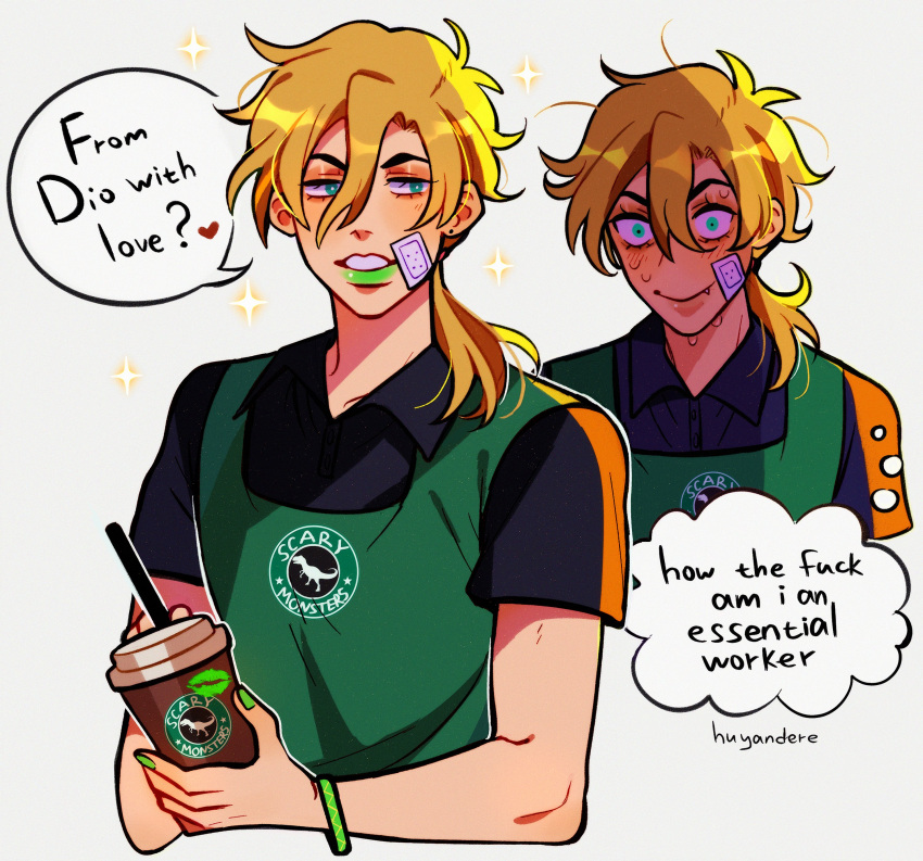 1boy absurdres apron artist_name bandaid bandaid_on_cheek bandaid_on_face black_shirt blonde_hair bracelet brand_name_imitation commentary contemporary diego_brando english_commentary english_text green_apron green_eyes green_lips green_nails highres huyandere jewelry jojo_no_kimyou_na_bouken male_focus polo_shirt shirt signature sparkle starbucks steel_ball_run thought_bubble