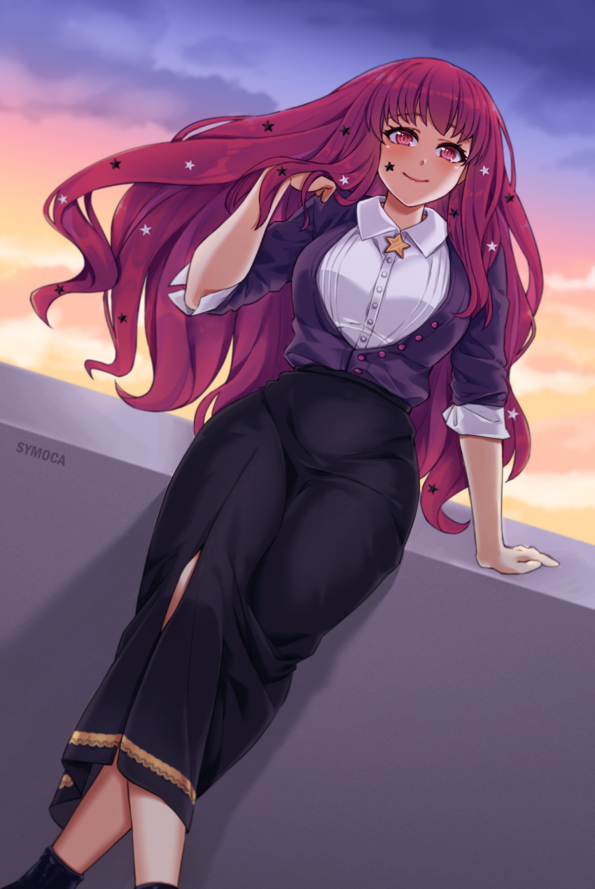 1girl black_skirt commentary crossed_legs facial_mark feet_out_of_frame fire_emblem fire_emblem_engage hand_up highres jacket long_hair long_skirt long_sleeves looking_at_viewer outdoors pink_eyes purple_jacket red_hair shirt skirt smile solo star_(symbol) symoca very_long_hair white_shirt yunaka_(fire_emblem)