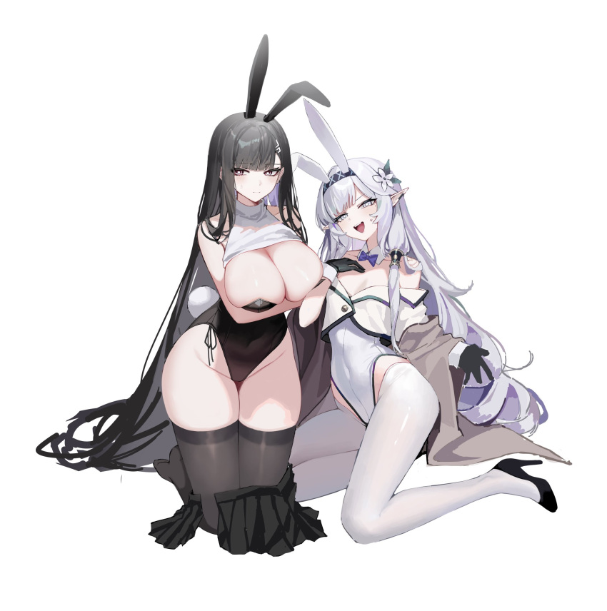 2girls alternate_costume animal_ears black_gloves black_hair black_hairband black_leotard black_skirt black_thighhighs blue_archive breasts bright_pupils cleavage clothes_lift covered_navel detached_collar earclip fake_animal_ears fake_tail flower gloves hair_flower hair_ornament hair_tubes hairband hairclip hairpin halo hand_up high_heels highres himari_(blue_archive) kneeling large_breasts leotard long_hair looking_at_viewer looking_to_the_side mole mole_under_eye multiple_girls ness_(pjw0168) no_halo no_shoes pantyhose playboy_bunny pleated_skirt pointy_ears rabbit_ears rabbit_tail red_eyes rio_(blue_archive) skirt sleeveless sleeveless_sweater strapless strapless_leotard striped_clothes striped_hairband sweater sweater_lift tail thighhighs turtleneck turtleneck_sweater unworn_skirt white_background white_flower white_leotard white_pantyhose white_pupils white_sweater