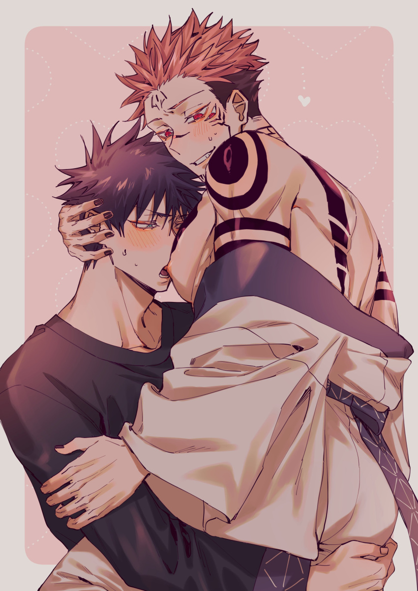 2boys absurdres azukiharuta_ju biting black_hair black_sweater blush cowboy_shot forehead_tattoo fushiguro_megumi hands_on_ass heart highres jujutsu_kaisen long_sleeves male_focus multiple_boys nipple_biting nipple_stimulation nipples pink_background pink_hair red_eyes robe ryoumen_sukuna_(jujutsu_kaisen) short_hair shoulder_tattoo smile sweatdrop sweater tattoo teeth undercut undressing white_robe yaoi