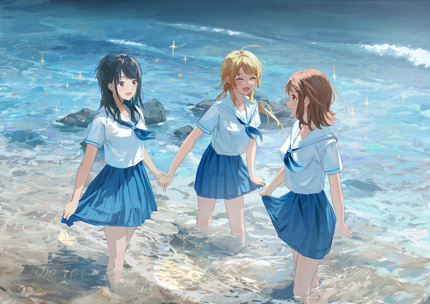 3girls ^_^ absurdres ahoge bare_legs black_hair blonde_hair blue_neckerchief blue_skirt blush brown_hair closed_eyes da_tengzi hachimiya_meguru highres holding_hands idolmaster idolmaster_shiny_colors kazano_hiori looking_at_another mole mole_under_mouth multiple_girls neckerchief outdoors pleated_skirt refraction sakuragi_mano school_uniform serafuku shirt short_sleeves skirt skirt_hold smile sparkle wading white_shirt