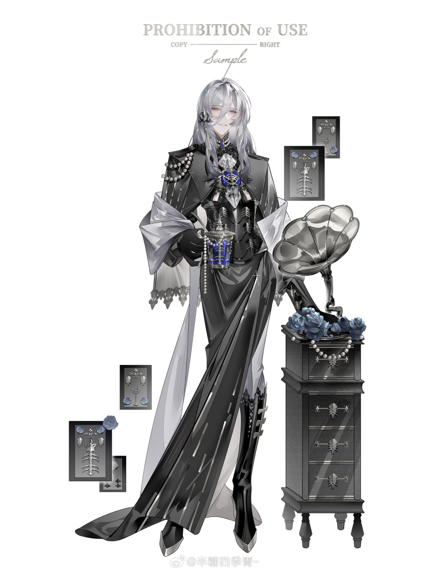 1boy absurdres alternate_costume ascot ban_tang_siji_qing black_capelet black_corset black_footwear black_gloves black_robe black_shirt blue_flower blue_gemstone blue_rose boots brooch cael_anselm capelet corset cup drawer fish_bone flower full_body gem glint gloves grey_hair grey_pants grey_shawl hair_between_eyes hair_ornament high_heel_boots high_heels highres holding holding_cup jewelry knee_boots lace lace_shirt lid long_bangs long_hair long_sleeves looking_at_viewer lovebrush_chronicles male_focus mug necklace pants parted_lips pearl_(gemstone) pearl_necklace phonograph picture_frame purple_eyes red_pupils robe rose sample_watermark shawl shirt side_slit simple_background smile solo standing unworn_jewelry watermark weibo_logo weibo_watermark white_ascot white_background