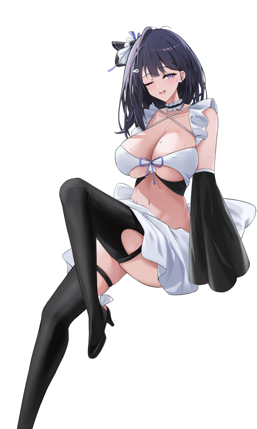 1girl absurdres apron azur_lane black_hair black_sleeves black_thighhighs breasts cleavage collar detached_sleeves frilled_collar frills front-tie_top hair_ornament high_heels highres knee_up large_breasts ling_yi_de_lei_ke liverpool_(azur_lane) looking_at_viewer maid midriff navel one_eye_closed revealing_clothes sitting smile solo thighhighs waist_apron white_apron white_background wide_sleeves