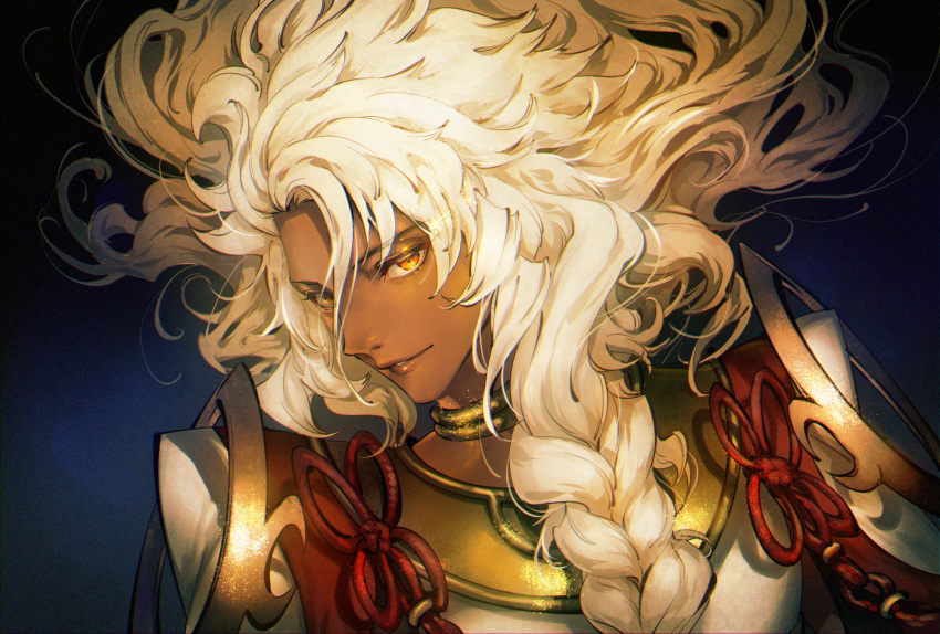 1boy braid close-up dark-skinned_male dark_skin fate/grand_order fate_(series) floating_hair grin hair_between_eyes highres jewelry kin_mokusei lips long_hair looking_at_viewer male_focus neck_ring parted_lips shirt smile solo solomon_(fate) upper_body white_hair white_shirt yellow_eyes