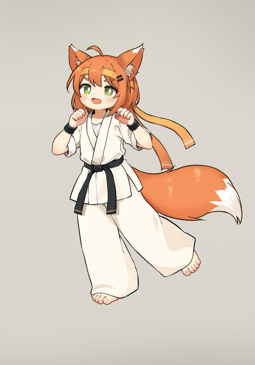 1girl ahoge animal_ear_fluff animal_ears barefoot belt black_belt black_wristband bright_pupils chinese_commentary claw_pose commentary_request dot_nose dougi fang fox_ears fox_girl full_body green_eyes grey_background headband highres kuma-bound looking_at_viewer martial_arts_belt medium_hair open_mouth orange_hair orange_headband original pants simple_background skin_fang smile solo standing tail toes white_pants white_pupils