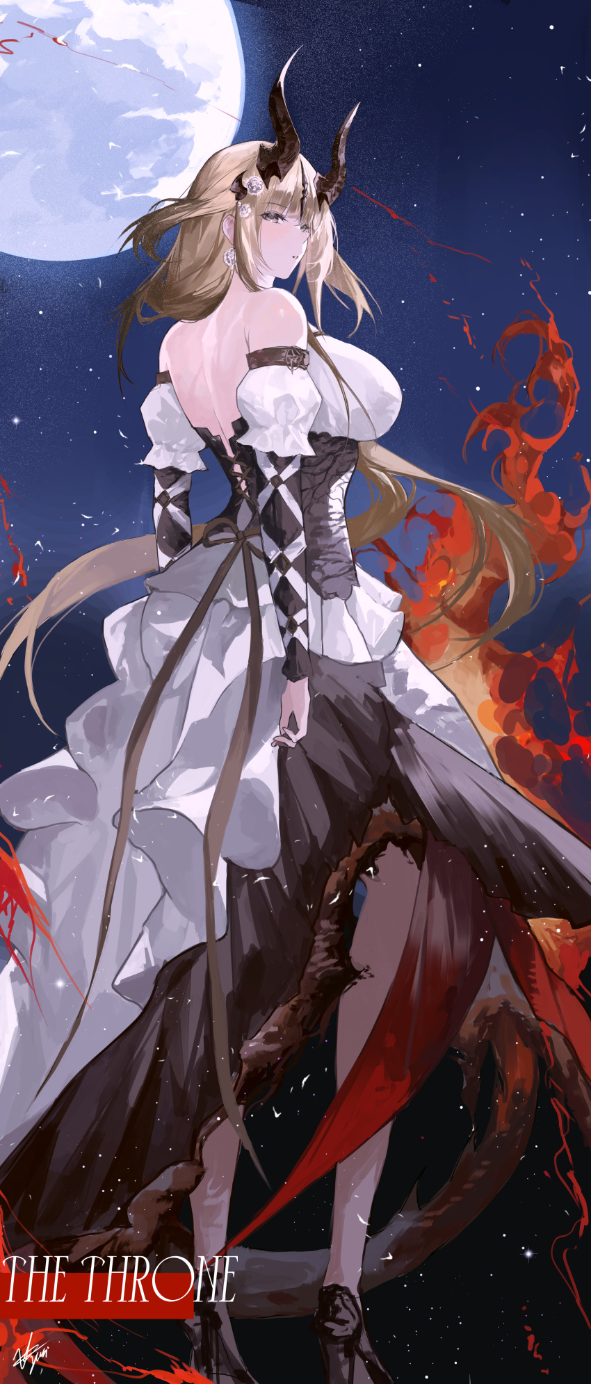 1girl absurdres arknights backless_dress backless_outfit bare_back bare_shoulders blonde_hair commentary corset detached_sleeves dress highres horns layered_sleeves long_hair long_sleeves moon night night_sky official_alternate_costume outdoors puffy_short_sleeves puffy_sleeves reed_(arknights) short_over_long_sleeves short_sleeves sky solo very_long_hair white_dress yuki_flourish